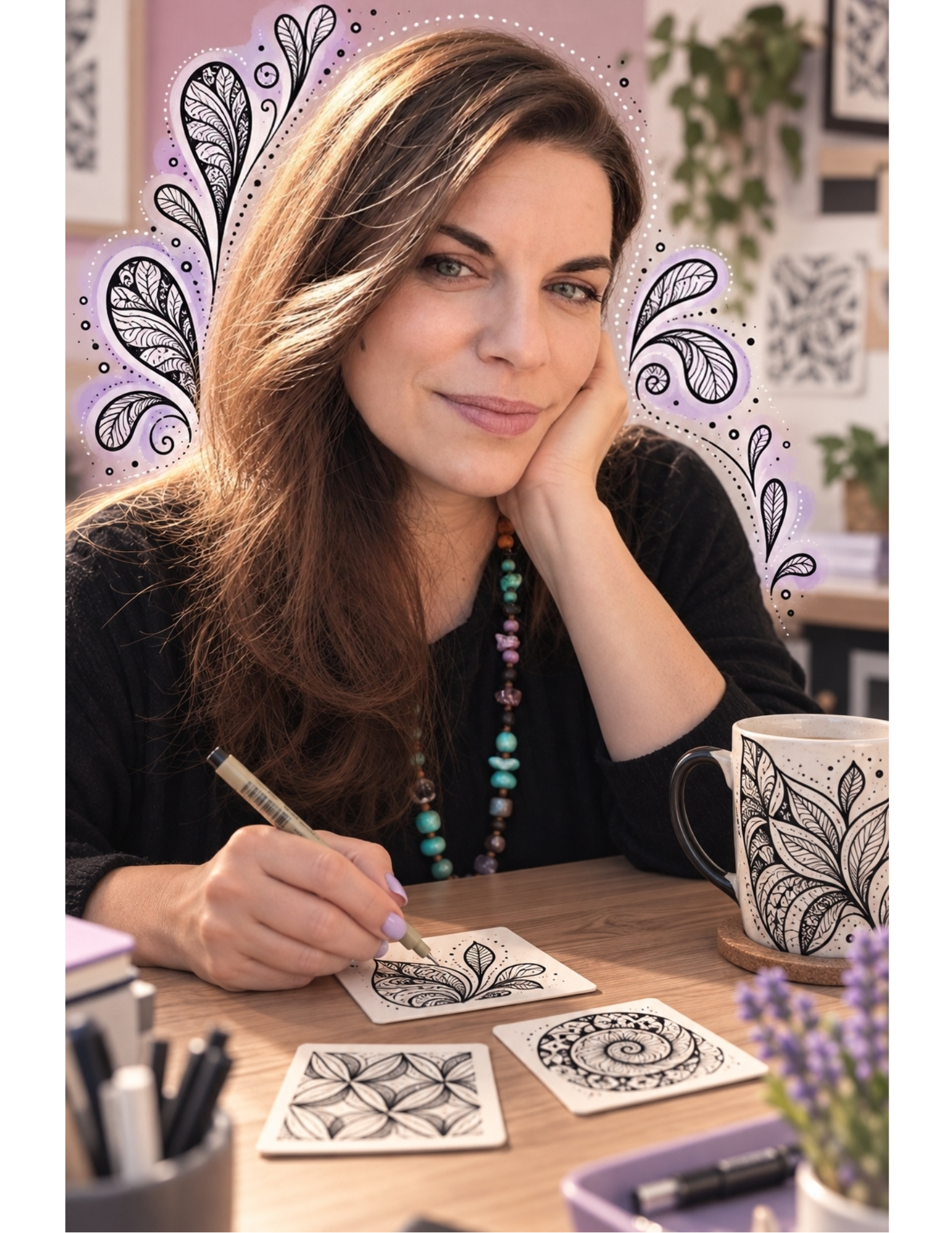Aurélia, enseignante certifiée Zentangle, dessinant à sa table.