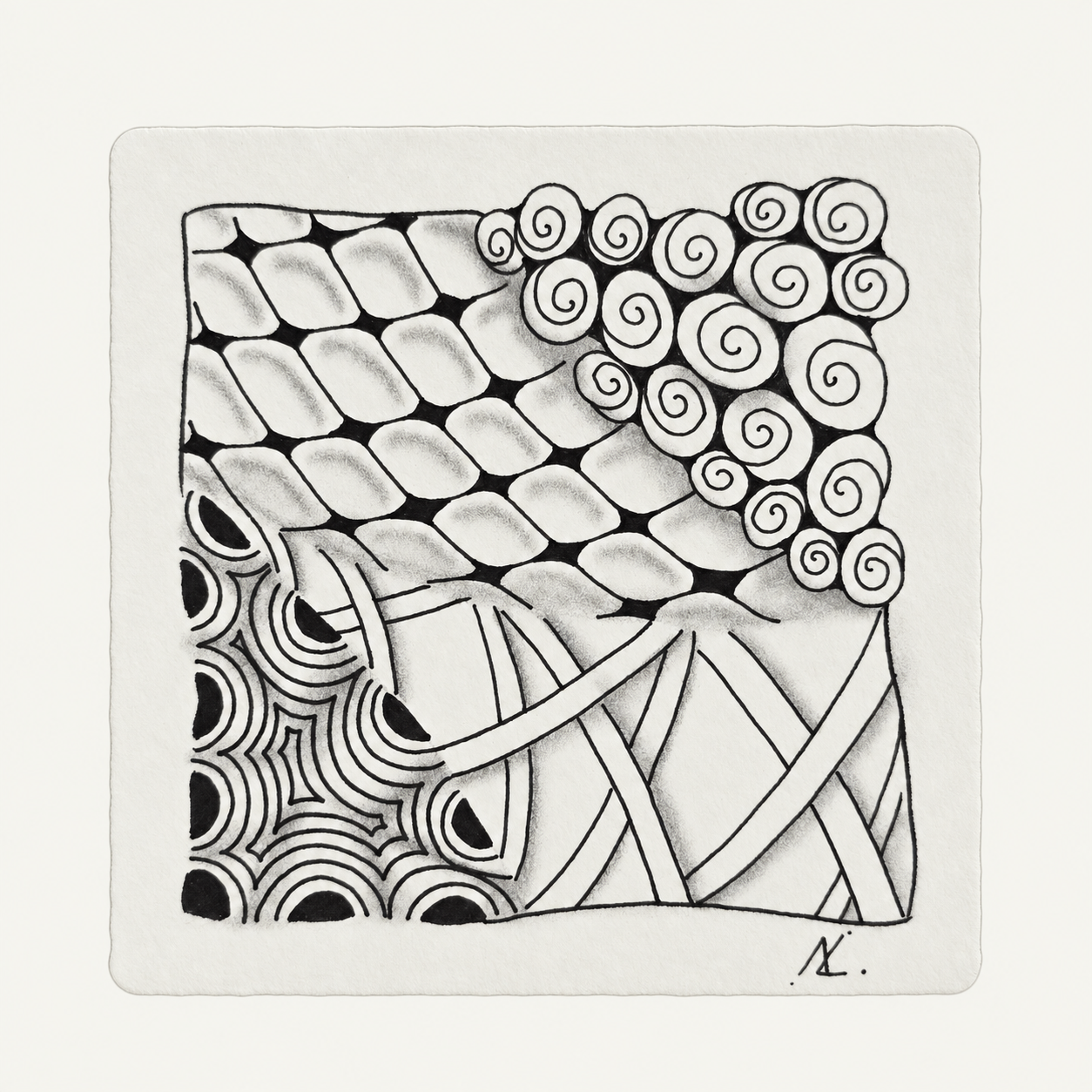 Dessin Zentangle en noir et blanc pour découvrir les bases.
