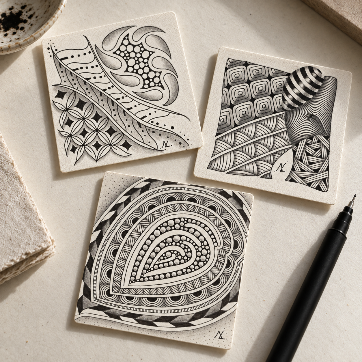Trois compositions de Zentangle à l’encre noire disposées sur une table claire.